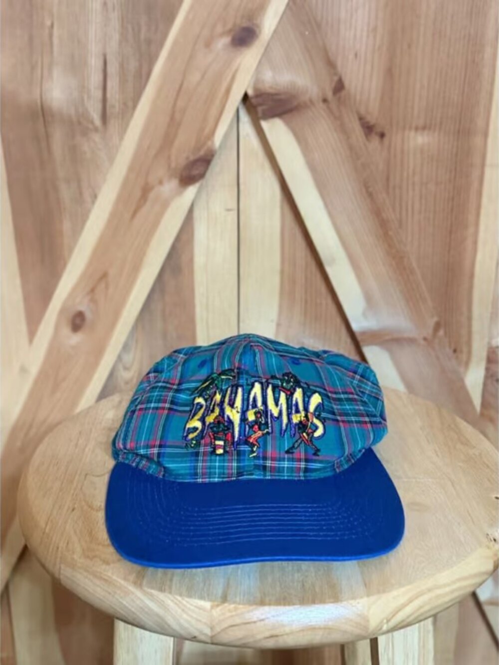 Vintage 90s Bahamas Plaid Snapback Hat Embroidered Souvenir Cap Trucker Hat